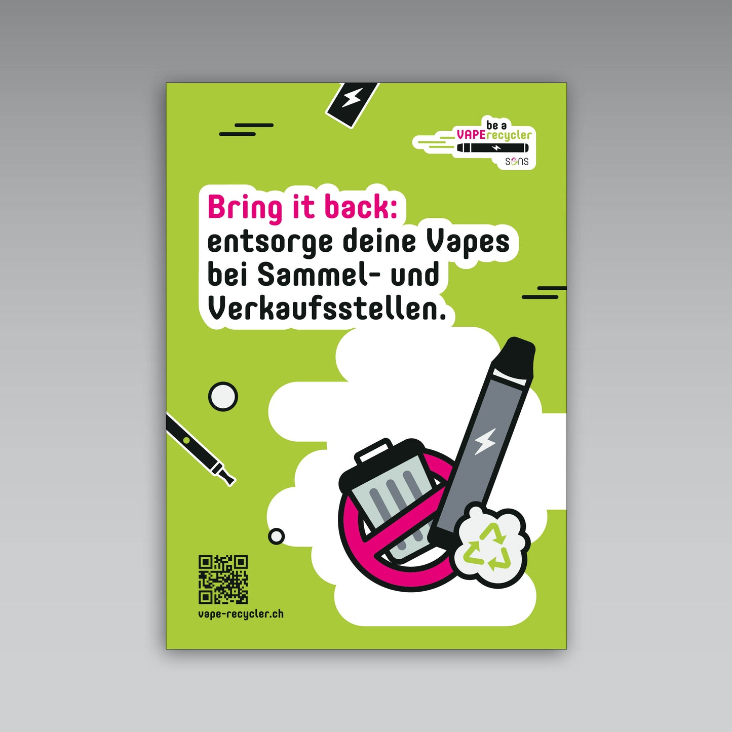 Plakat A3 «Bring it back: entsorge deine Vapes bei Sammel- und Verkaufsstellen», deutsch