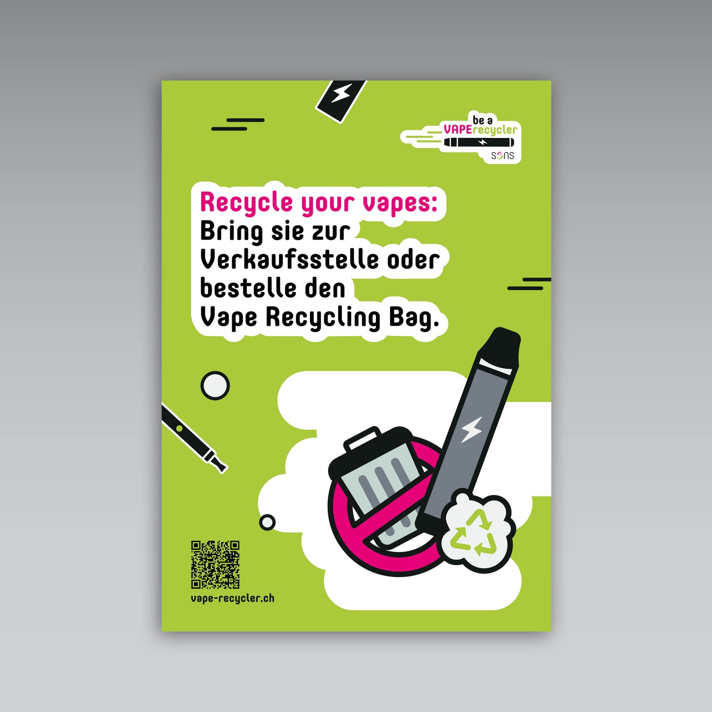 Plakat A3 «Recycle your vapes: Verkaufsstelle und Vape Recycling Bag», deutsch