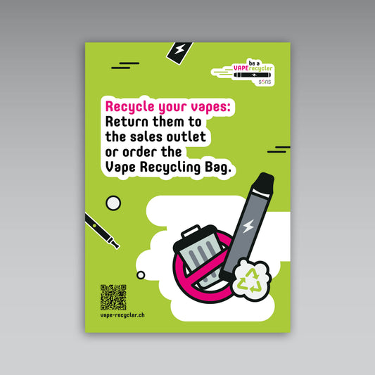 Plakat A3 «Recycle your vapes: Verkaufsstelle und Vape Recycling Bag», englisch