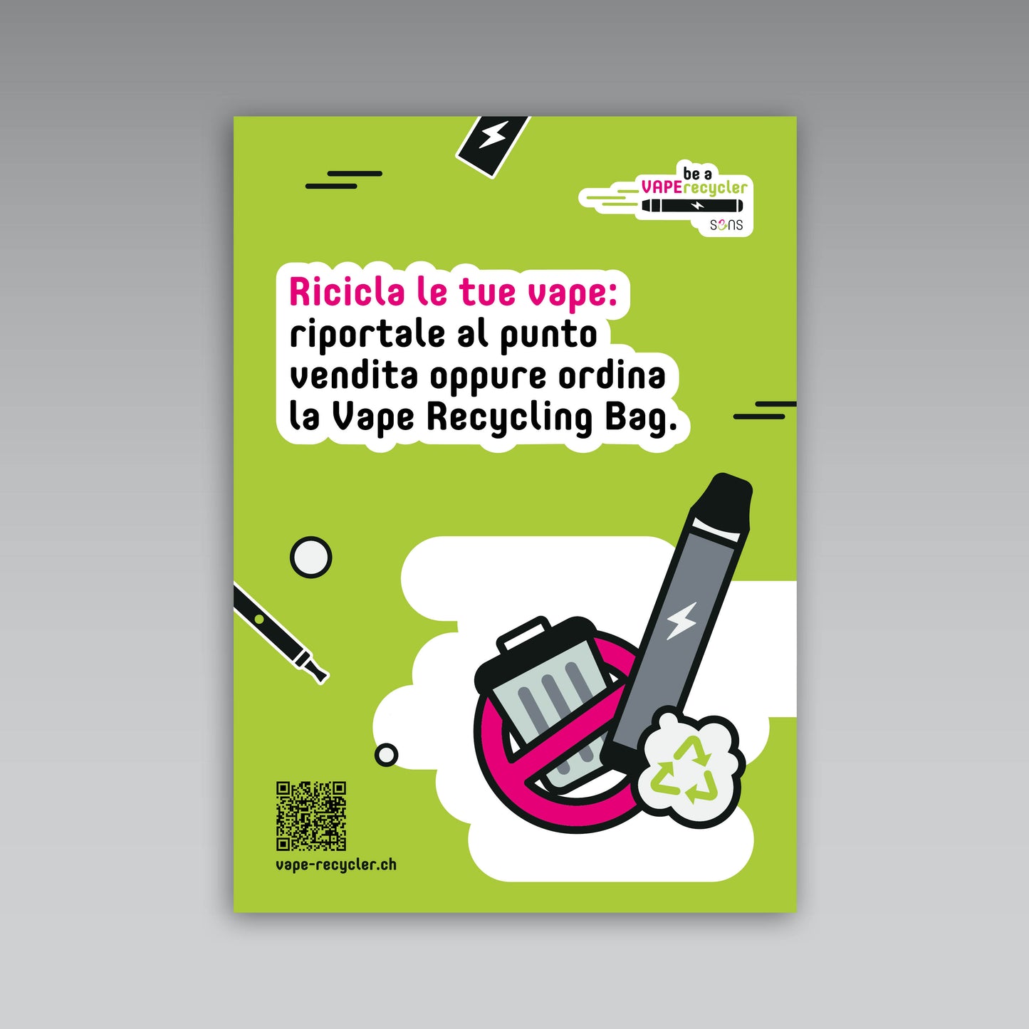 Plakat A3 «Recycle your vapes: Verkaufsstelle und Vape Recycling Bag», italienisch